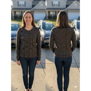 LOFT Ann Taylor Sequin Geometric Cardigan Sweater XL Black Gray Button Front
